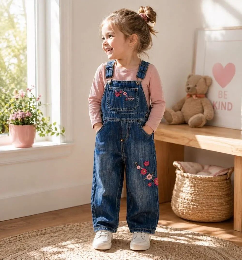 OshKosh B’gosh Toddler Girls Denim Overalls Blue Jean Floral Embroidered 18 Mo